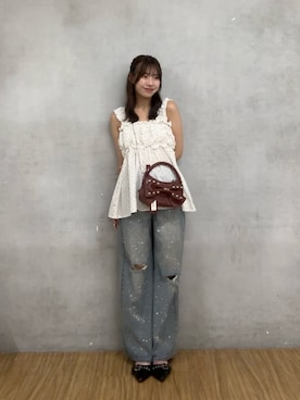 「GRAIN（グレイン）の【GRAIN/グレイン】スタッズリボン2WAYミニバッグ（ショルダーバッグ、レッド系）」を使った、あみさん（レディース・165cm）の夏コーディネート