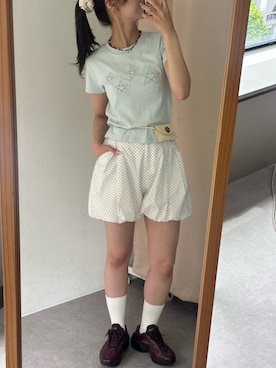 「CIAOPANIC（チャオパニック）の【2サイズ展開】スターワッペンTee（T Shirts、ブルー系）」を使った、あみさん（レディース・165cm）の夏コーディネート