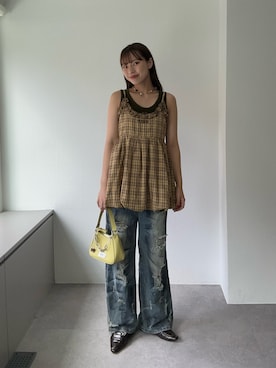 「アイテム（キャミソール、イエロー系）」を使った、清野亜美さん（レディース・165cm）の夏コーディネート