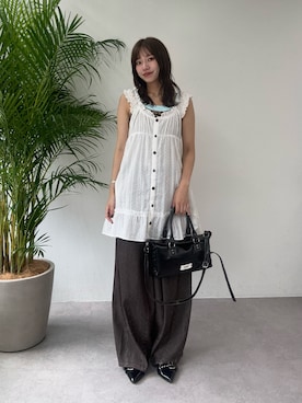 「CIAOPANIC（チャオパニック）のウッドボタンドビーシャーリングキャミチュニックワンピース（チュニック、ホワイト系）」を使った、あみさん（レディース・165cm）の夏コーディネート