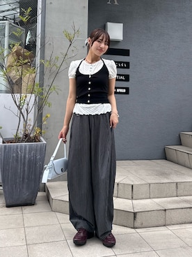 「CIAOPANIC（チャオパニック）のワイドバルーンスラックス（Pants、グレー系）」を使った、あみさん（レディース・165cm）の夏コーディネート