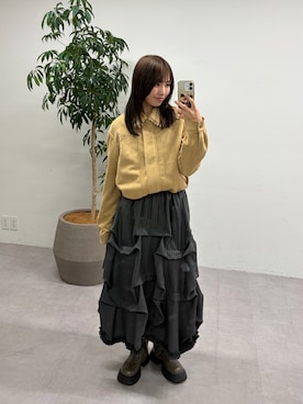 「CIAOPANIC（チャオパニック）のピンストライプタックスカート（スカート、グレー系）」を使った、あみさん（レディース・165cm）の秋コーディネート