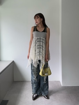 「アイテム（キャミソール、グリーン系）」を使った、清野亜美さん（レディース・165cm）の夏コーディネート