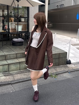 「CIAOPANIC（チャオパニック）のハートボタンミニフリルヘムミニスカート（スカート、ブラウン系）」を使った、あみさん（レディース・165cm）の夏コーディネート