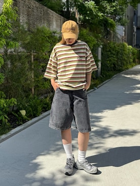 「CIAOPANIC（チャオパニック）の【ユニセックス】ドローコード付ボーダーTシャツ（Tシャツ/カットソー）」を使った、あみさん（レディース・165cm）の春コーディネート