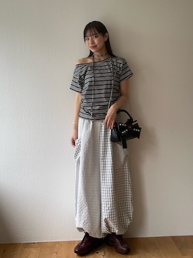「CIAOPANIC（チャオパニック）のチョーカーセットボーダーTEE（T Shirts、ブラック系）」を使った、あみさん（レディース・165cm）の夏コーディネート
