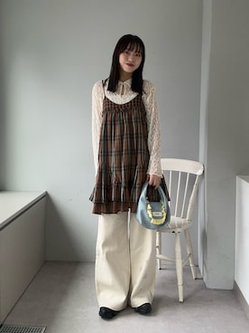 「CIAOPANIC（チャオパニック）のレトロチェックギャザーチュニックキャミワンピース（チュニック、ブラウン系）」を使った、あみさん（レディース・165cm）の春コーディネート