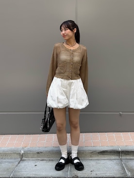 「CIAOPANIC（チャオパニック）のさらさらメッシュニットカーディガン（Cardigans、ブラウン系）」を使った、あみさん（レディース・165cm）の夏コーディネート