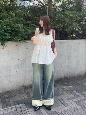 「CIAOPANIC（チャオパニック）のロールアップドットワイドデニムパンツ（Denim pants、ブルー系）」を使った、あみさん（レディース・165cm）の夏コーディネート