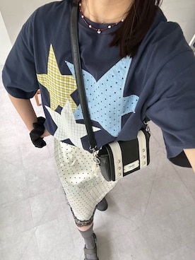 「CIAOPANIC（チャオパニック）のスターパッチワークTee（Tシャツ/カットソー、ブルー系）」を使った、あみさん（レディース・165cm）の春コーディネート