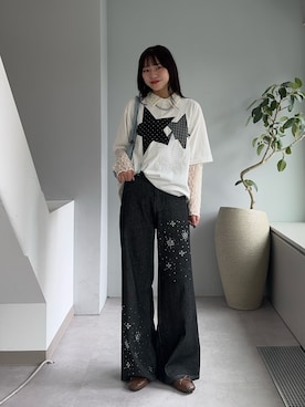「CIAOPANIC（チャオパニック）のスターパッチワークTee（Tシャツ/カットソー、ホワイト系）」を使った、あみさん（レディース・165cm）の春コーディネート