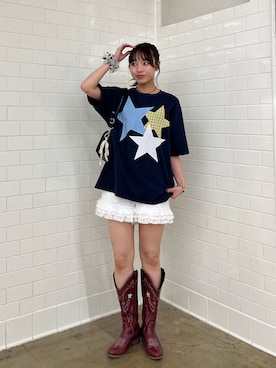 「CIAOPANIC（チャオパニック）のスターパッチワークTee（Tシャツ/カットソー、ブルー系）」を使った、あみさん（レディース・165cm）の春コーディネート
