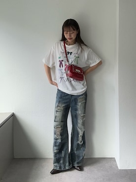 「アイテム（バッグ、レッド系）」を使った、あみさん（レディース・165cm）の夏コーディネート