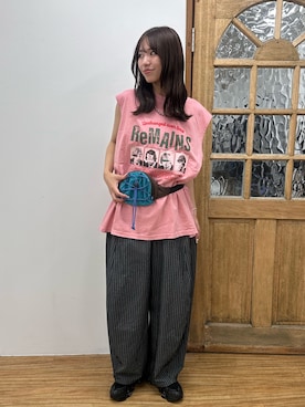 「CIAOPANIC（チャオパニック）のワイドバルーンスラックス（Pants、グレー系）」を使った、あみさん（レディース・165cm）の夏コーディネート