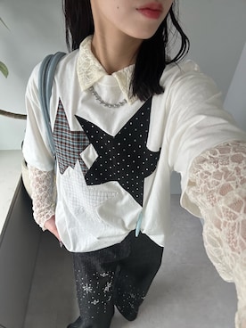 「CIAOPANIC（チャオパニック）のスターパッチワークTee（Tシャツ/カットソー、ホワイト系）」を使った、あみさん（レディース・165cm）の春コーディネート