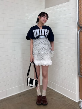 「CIAOPANIC（チャオパニック）のドットチュールドッキングカレッジロゴTee（Tシャツ/カットソー、ブルー系）」を使った、あみさん（レディース・165cm）の春コーディネート