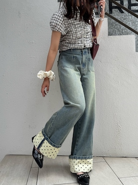 「CIAOPANIC（チャオパニック）のロールアップドットワイドデニムパンツ（Denim pants、ブルー系）」を使った、あみさん（レディース・165cm）の夏コーディネート