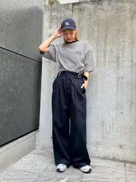 「CIAOPANIC（チャオパニック）の【ユニセックス】ドローコード付ボーダーTシャツ（Tシャツ/カットソー）」を使った、あみさん（レディース・165cm）の春コーディネート