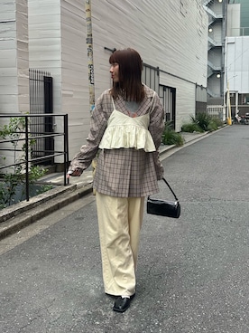 「CIAOPANIC（チャオパニック）の袖ギャザーチェックグランパジャケット（テーラードジャケット）」を使った、あみさん（レディース・165cm）の秋コーディネート