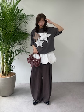 「CIAOPANIC（チャオパニック）のスターパッチワークTee（Tシャツ/カットソー、グレー系）」を使った、あみさん（レディース・165cm）の夏コーディネート