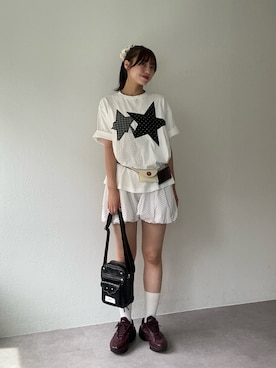 「CIAOPANIC（チャオパニック）のスターパッチワークTee（T Shirts、ホワイト系）」を使った、あみさん（レディース・165cm）の夏コーディネート