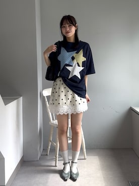 「CIAOPANIC（チャオパニック）のスターパッチワークTee（Tシャツ/カットソー、ブルー系）」を使った、あみさん（レディース・165cm）の春コーディネート