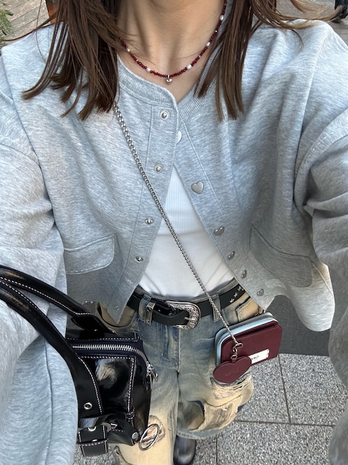 ハートボタン配色ステッチスウェットカーディガン