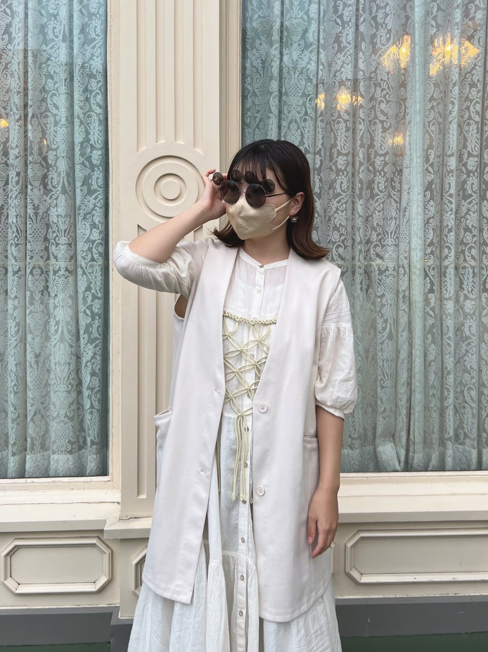 「ディズニー、ディズニーランド、ディズニーコーデ、淡色、淡色女子、淡色コーデ、淡色女子と繋がりたい、ベストコーデ」｜「MAISON CHUCLLAのワントーン ハンドメイド マクラメキャミソール chwj22s04【Maison chuclla】（キャミソール、ベージュ系）」を使った、______na01_さん（レディース・159cm）の夏コーディネートの1枚目の写真