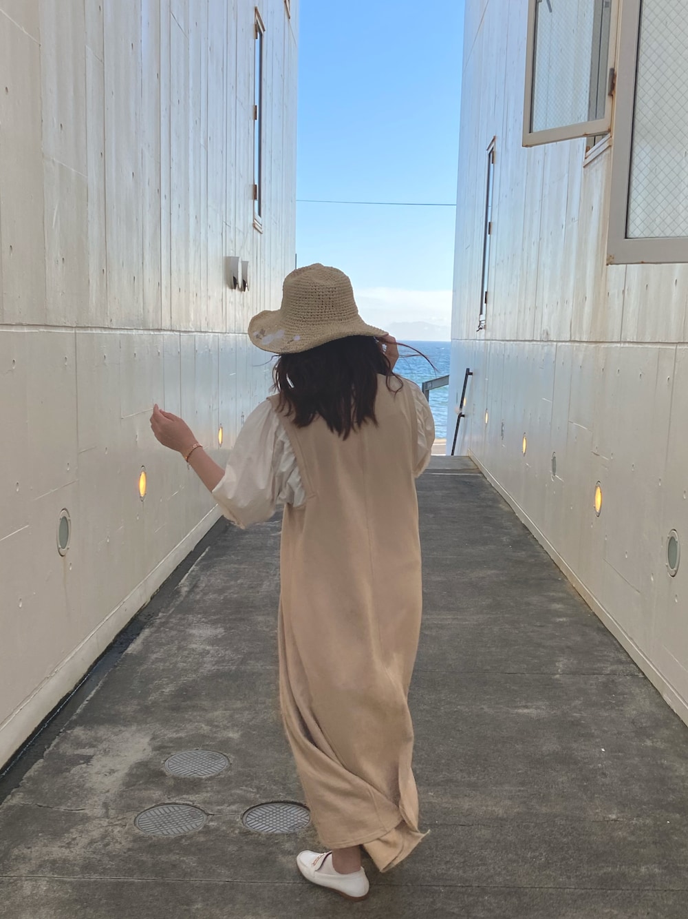 「海コーデ、夏コーデ、淡色コーデ、淡色女子」｜「studio CLIPのアイテム（ハット、ベージュ系）」を使った、______na01_さん（レディース・159cm）の夏コーディネートの1枚目の写真