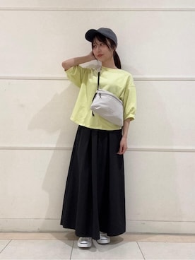 「Dessin（デッサン）の【360度可愛い・洗える】バックヘンリーカットソー（5分袖/XS~L）（Tシャツ/カットソー、イエロー系）」を使った、haruさん（レディース・156cm）の夏コーディネート