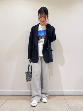 「Dessin（デッサン）の【セットアップ可能・洗える】ダブルジャケット（S～L)（テーラードジャケット、ブルー系）」を使った、haruさん（レディース・156cm）の春コーディネート
