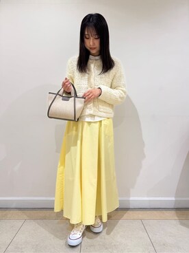 「Dessin（デッサン）の【洗える】ニットツィードカーディガン（カーディガン/ボレロ、ホワイト系）」を使った、haruさん（レディース・156cm）の冬コーディネート
