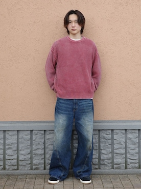 「B.C STOCK（ベーセーストック）のFADE GANSEY KNIT（ニット/セーター、ピンク系）」を使った、MASAKI SAITOさん（メンズ・180cm）の春コーディネート