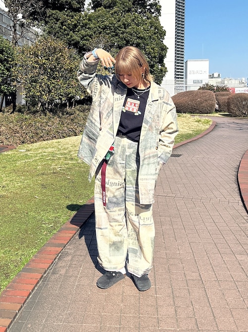 アート柄＆無地裾ボタンパンツ