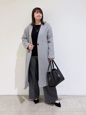 「INDIVI（インディヴィ）の【軽量／ウール混】ライトフォルム ロングコート（ノーカラーコート、グレー系）」を使った、emikaさん（レディース・153cm）の冬コーディネート