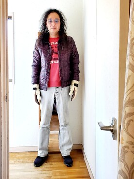 「アイテム（ダウンジャケット/コート、レッド系）」を使った、ワッケーさん（メンズ・174cm）の冬コーディネート