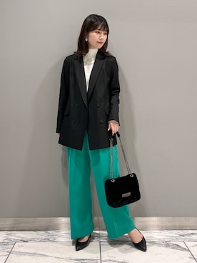 「INDIVI（インディヴィ）の【洗える/SETUP可能/通勤】ダブルジャケット（テーラードジャケット、ブラック系）」を使った、Mayuさん（レディース・162cm）の秋コーディネート