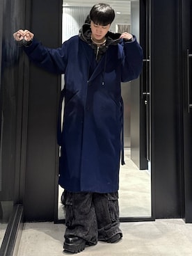 「アイテム（チェスターコート）」を使った、taigawedさん（メンズ・174cm）の冬コーディネート