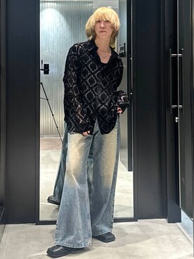 「HARE（ハレ）のワイドフレアデニムパンツ(HARE)（デニムパンツ）」を使った、taigawedさん（メンズ・174cm）の夏コーディネート