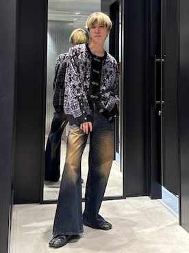 「HARE（ハレ）のワイドフレアデニムパンツ(HARE)（デニムパンツ）」を使った、taigawedさん（メンズ・174cm）の冬コーディネート