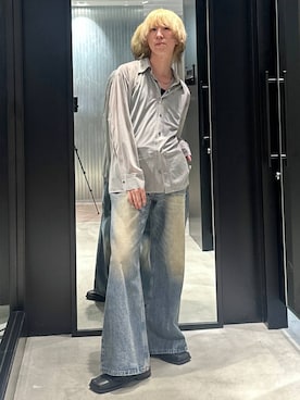 「HARE（ハレ）のワイドフレアデニムパンツ(HARE)（デニムパンツ）」を使った、taigawedさん（メンズ・174cm）の夏コーディネート