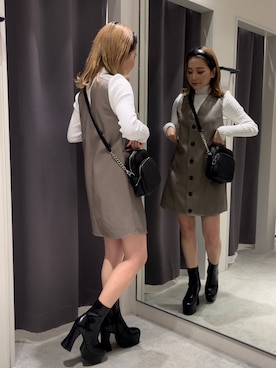 「レザーワンピース」｜國岡朋実さん（レディース・156cm）の冬コーディネート