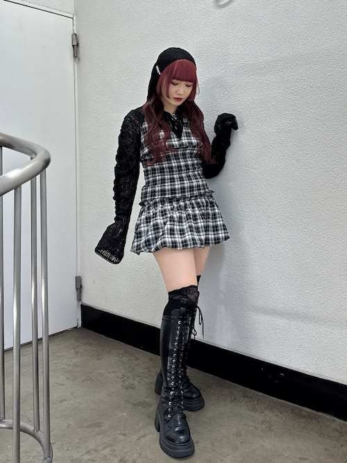 jouetie ホルターネックバルーンチェックシャーリングミニワンピース ホルターネックバルーンチェックシャーリングミニワンピース