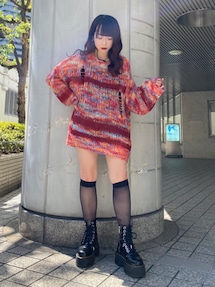 ジュエティ jouetie 24AW グランジラグランルーズニット セーター M ピンク グレー /MI ■OS レディース リボンジャガードルーズニット/赤ニット（ニット/セーター