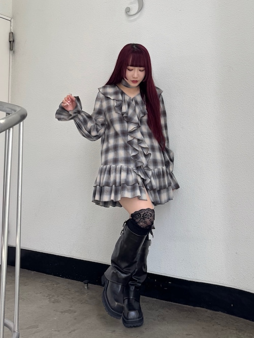 ラッフルフリルネルチュニックシャツワンピース（ワンピース