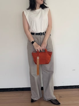 「russet（ラシット）のエコスエード2wayミニショルダーバッグ（ショルダーバッグ、オレンジ系）」を使った、yktさん（レディース・158cm）の秋コーディネート