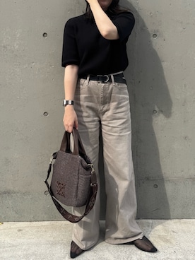 「russet（ラシット）のナイロンラフィア2WAYトートバッグ（トートバッグ、ブラウン系）」を使った、yktさん（レディース・158cm）の夏コーディネート