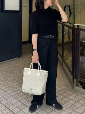 「russet（ラシット）のコーデュラナイロンスクエアトートバッグ（トートバッグ、グレー系）」を使った、yktさん（レディース・158cm）の夏コーディネート