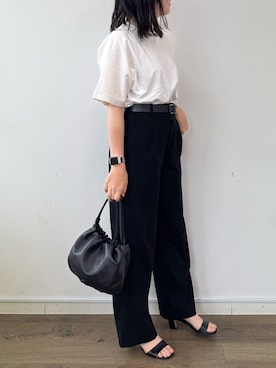 「russet（ラシット）の【名品】4wayレザー巾着ショルダーバッグ［chi企画］(CE-1454)（ショルダーバッグ、ブラック系）」を使った、yktさん（レディース・158cm）の夏コーディネート