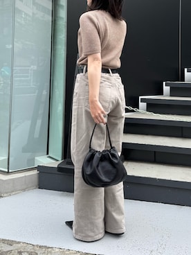 「russet（ラシット）の【名品】4wayレザー巾着ショルダーバッグ［chi企画］(CE-1454)（ショルダーバッグ、ブラック系）」を使った、yktさん（レディース・158cm）の夏コーディネート